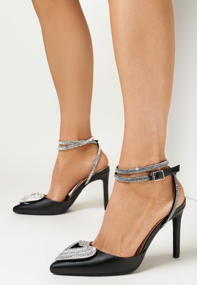 Czarne Metaliczne Sandały ze Szpiczastym Noskiem Corolin