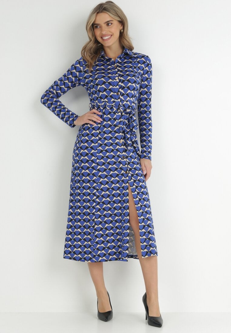 Niebieska Sukienka Koszulowa z Wzorzystym Nadrukiem i Wiązanym Paskiem Laniran