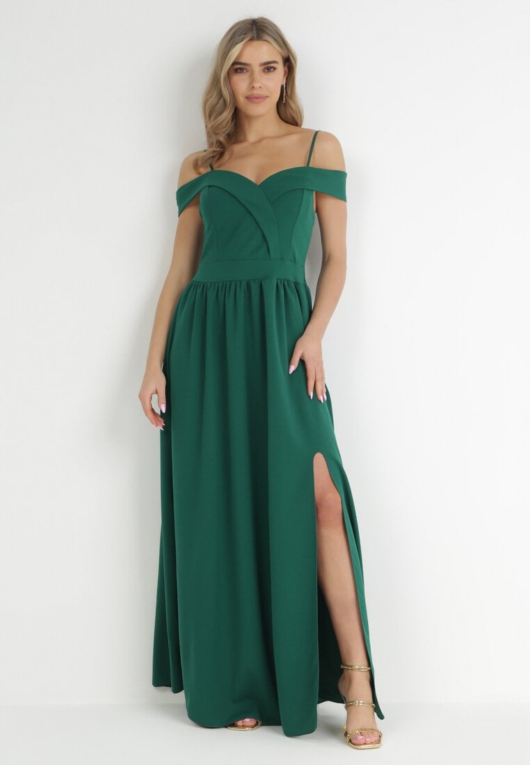 Zielona Rozkloszowana Sukienka na Ramiączkach Maxi Chilli