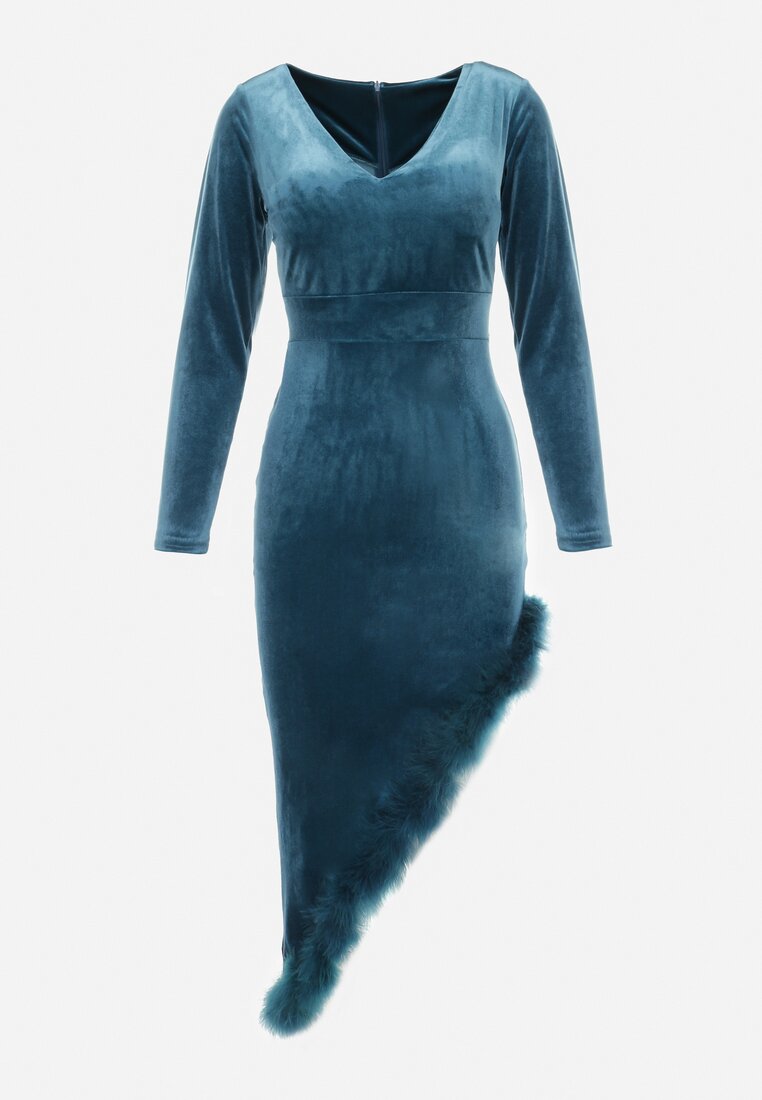 Ciemnozielona Asymetryczna Sukienka Welurowa z Piórkami Ganzoria