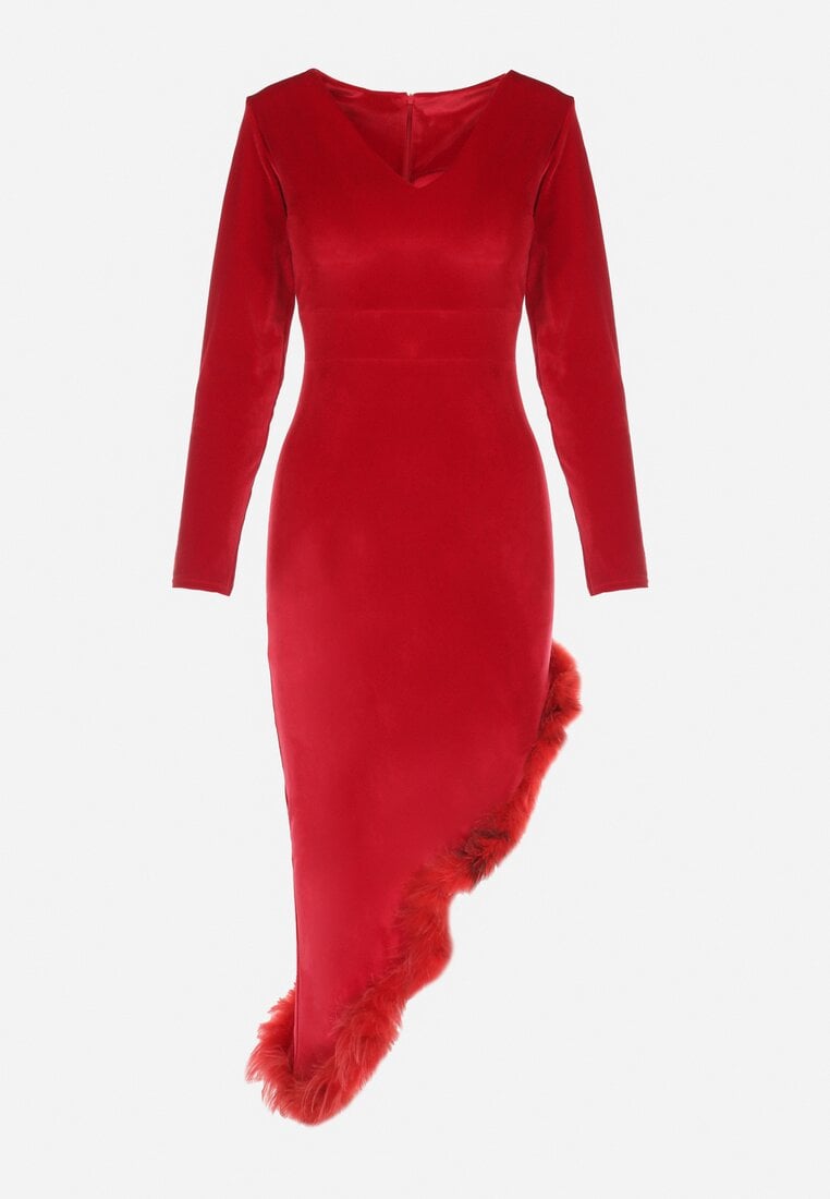 Czerwona Asymetryczna Sukienka Welurowa z Piórkami Ganzoria