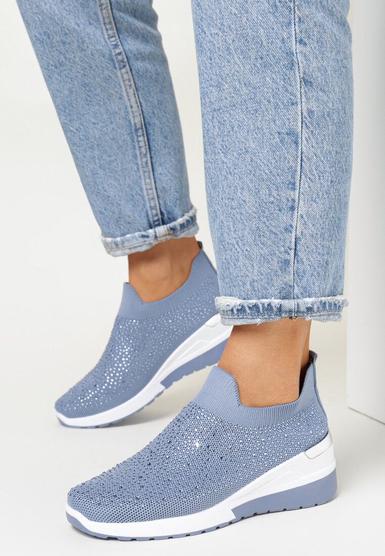 Niebieskie Sneakersy na Koturnie z Cyrkoniami Vatty