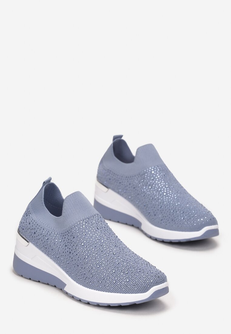 Niebieskie Sneakersy na Koturnie z Cyrkoniami Vatty