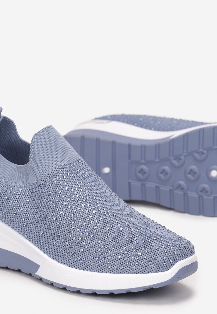 Niebieskie Sneakersy na Koturnie z Cyrkoniami Vatty
