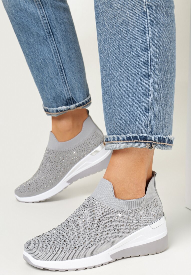 Szare Sneakersy na Koturnie z Cyrkoniami Vatty