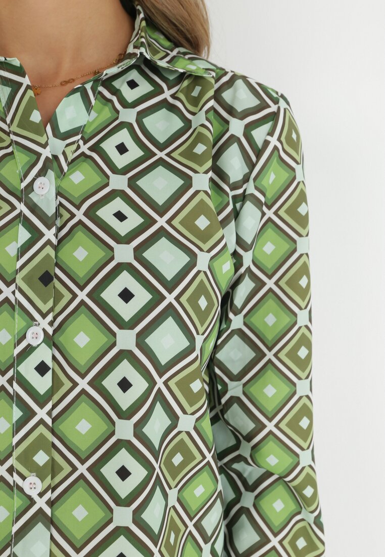 Jasnozielona Koszula na Guziki z Geometrycznym Wzorem Ieawe
