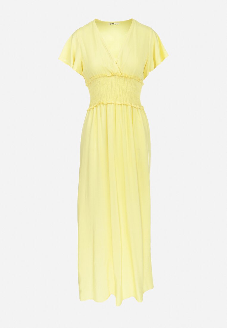 Żółta Kopertowa Sukienka z Wiskozy z Gumką w Pasie Neroni