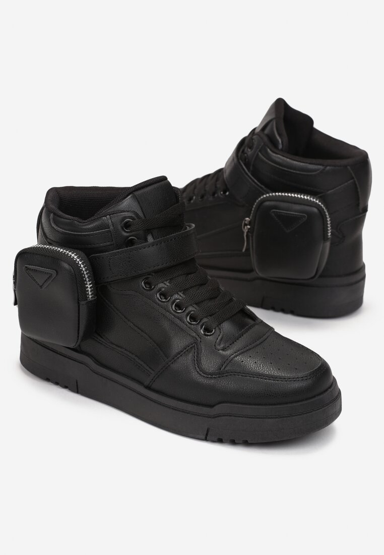 Czarne Sneakersy z Rzepem i Odpinaną Saszetką Erashel