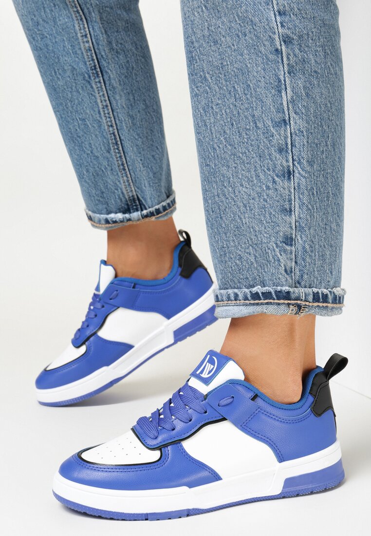 Granatowe Sneakersy z Imitacji Skóry Zdobione Wstawkami Naini