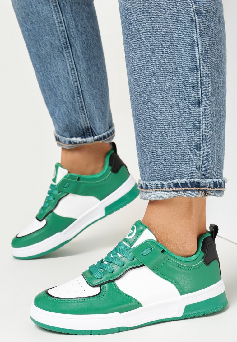 Zielone Sneakersy z Imitacji Skóry Zdobione Wstawkami Naini