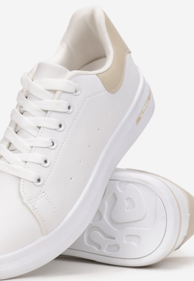 Biało-Beżowe Sneakersy Sznurowane na Płaskiej Podeszwie Azih