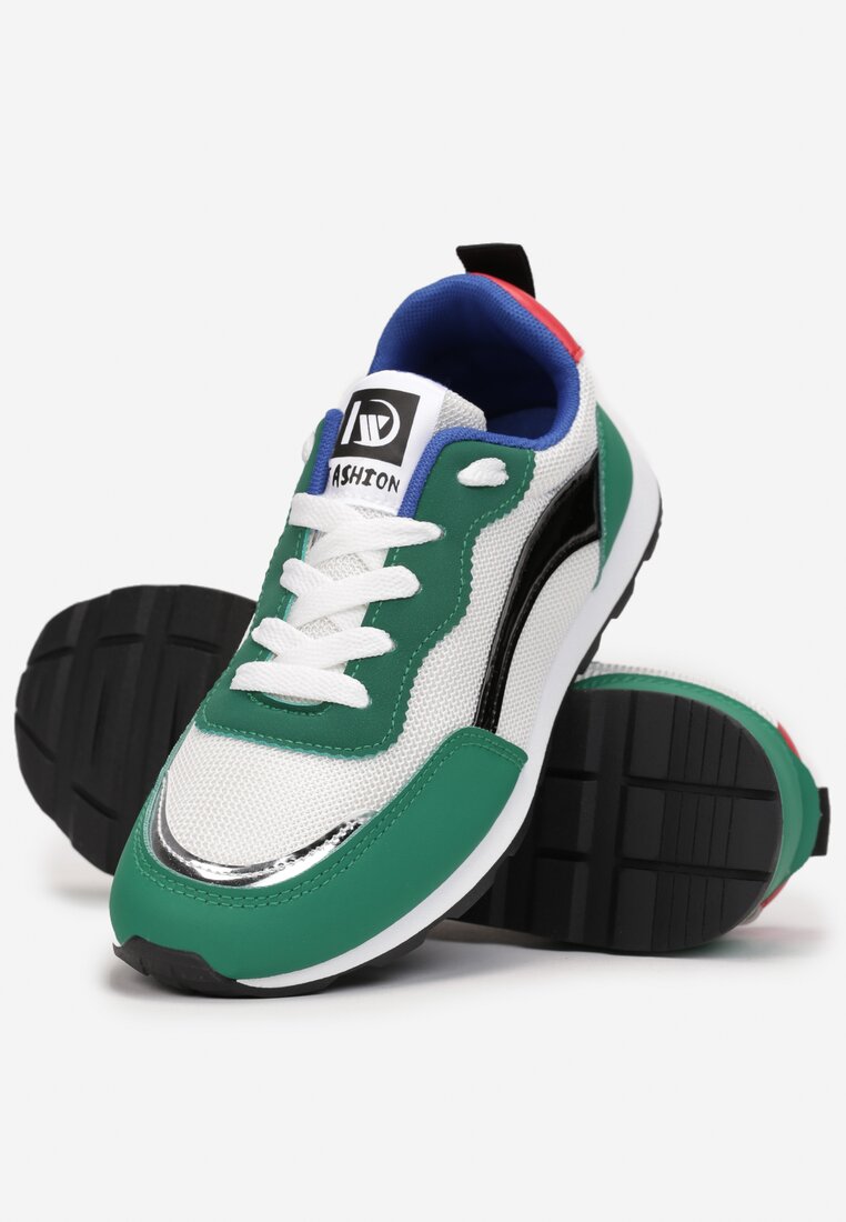 Zielone Buty Sportowe na Płaskiej Podeszwie Sznurowane z Metalicznymi Wstawkami Falino