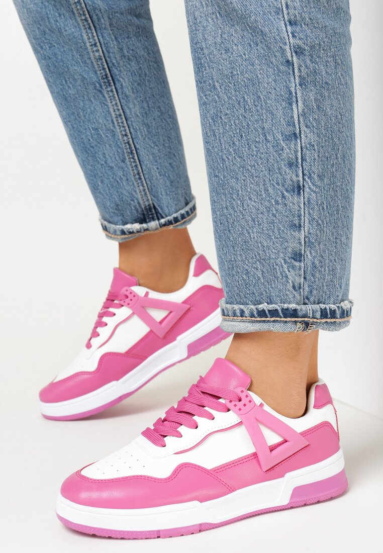 Biało-Fuksjowe Sneakersy ze Wstawkami i Perforacją na Nosku Linis