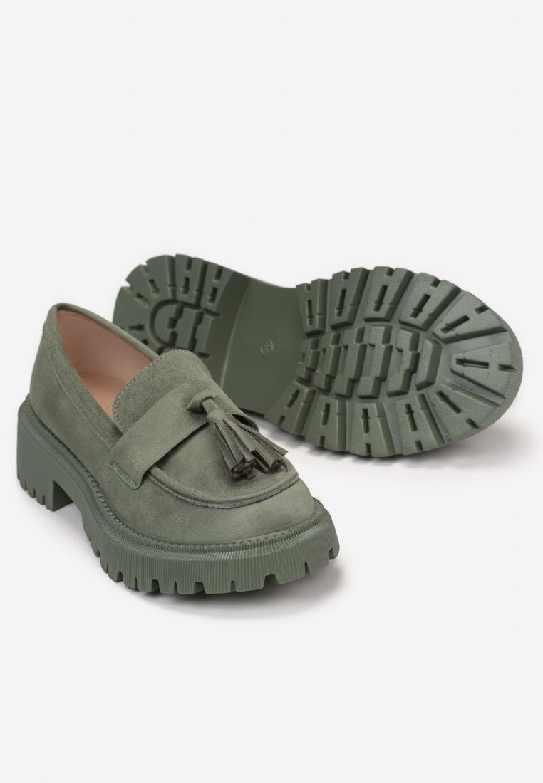 Zielone Mokasyny z Chwostami Na Grubej Podeszwie Eidne