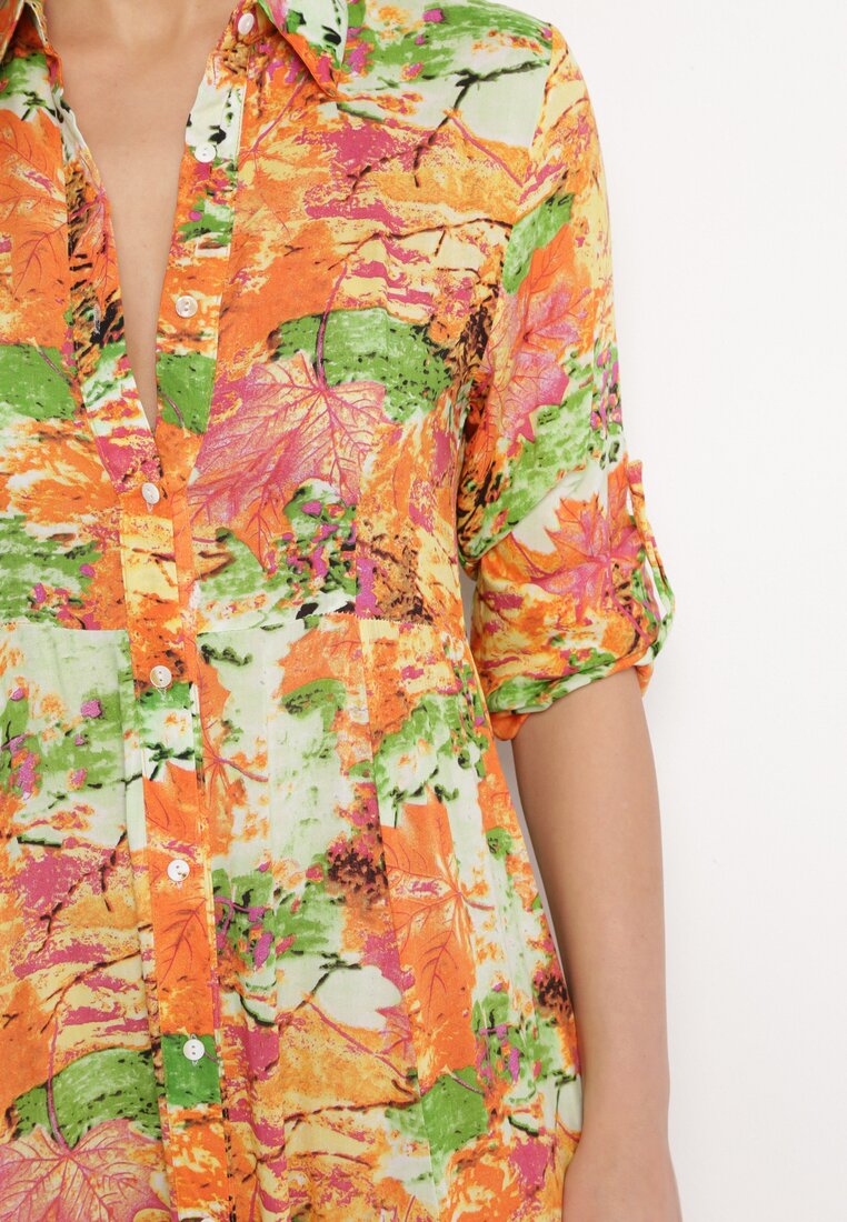 Pomarańczowa Koszulowa Sukienka Maxi w Abstrakcyjny Roślinny Wzór Giuletta