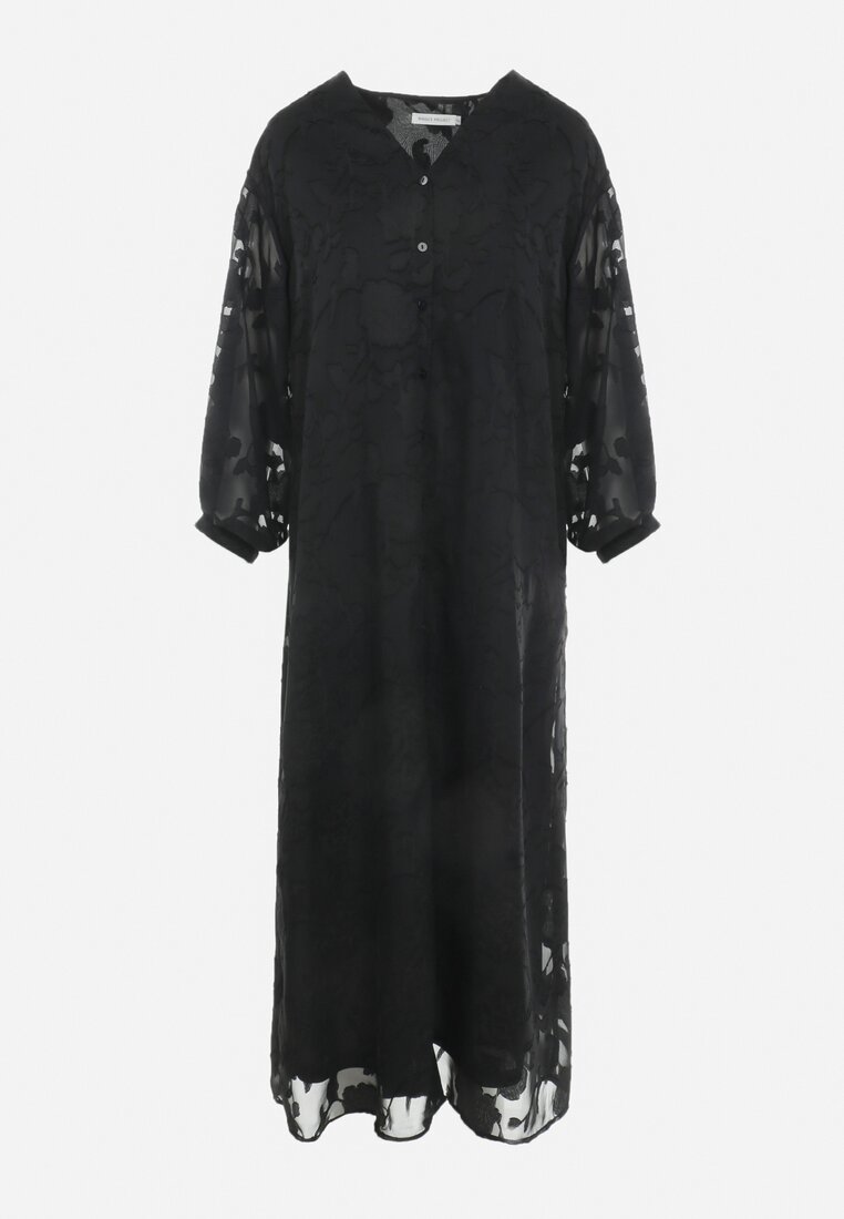 Czarna Koszulowa Sukienka z Koronkowymi Rękawami Pacheco