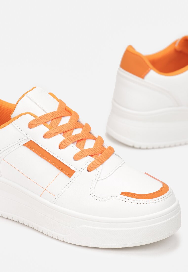 Biało-Pomarańczowe Sneakersy Sznurowane na Grubej Podeszwie Meandedi