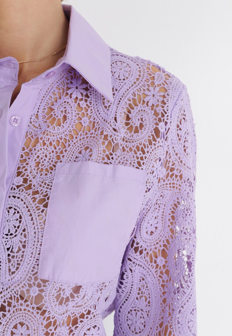 Fioletowa Ażurowa Koszula z Kieszeniami Clarimonda