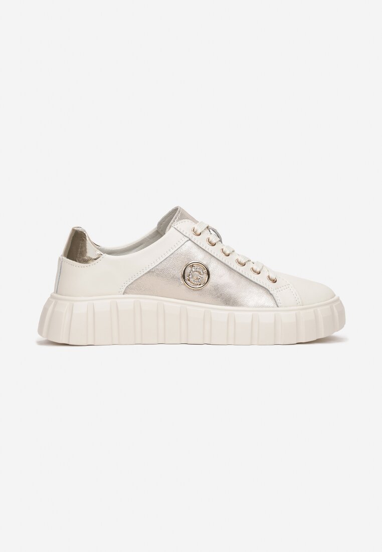 Beżowo-Złote Sneakersy Skórzane na Grubej Podeszwie Cremini