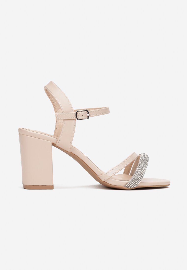 Beżowe Sandały na Słupku z Paskiem w Cyrkonie Barbe