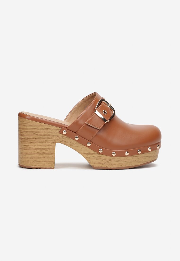 Brązowe Klapki na Słupku i Platformie z Ozdobnym Paskiem Yenelo