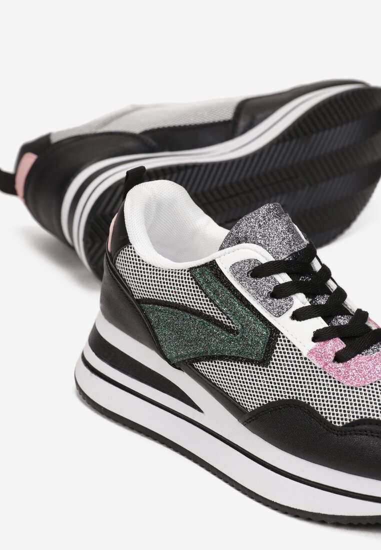 Czarne Sneakersy na Niskim Koturnie z Siatką Seigale