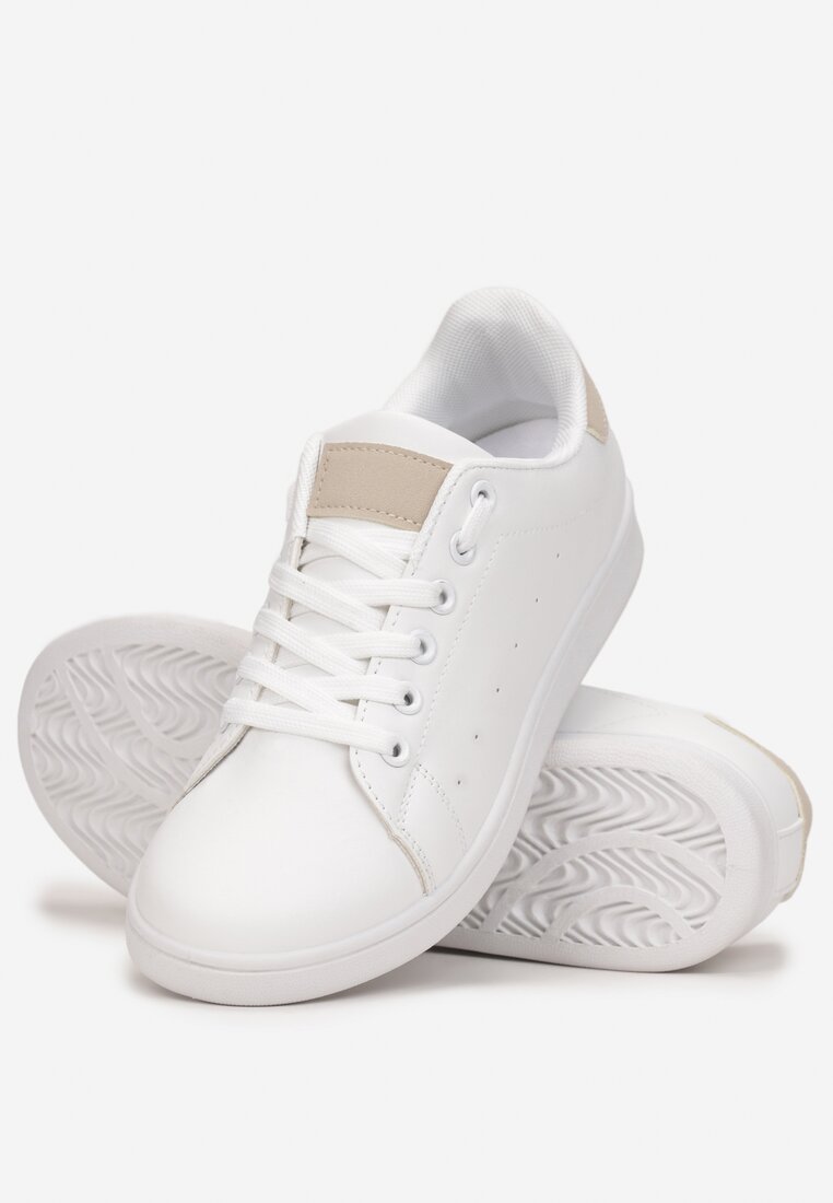 Biało-Beżowe Buty Sportowe na Płaskiej Podeszwie ze Sznurowaniem Ecea