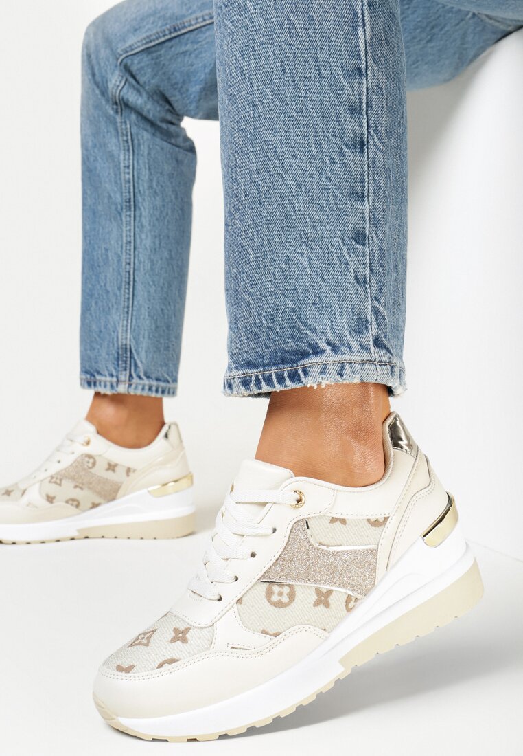 Beżowe Sznurowane Sneakersy na Koturnie z Brokatowymi Wstawkami Pernelle