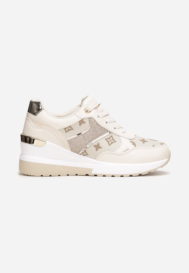 Beżowe Sznurowane Sneakersy na Koturnie z Brokatowymi Wstawkami Pernelle