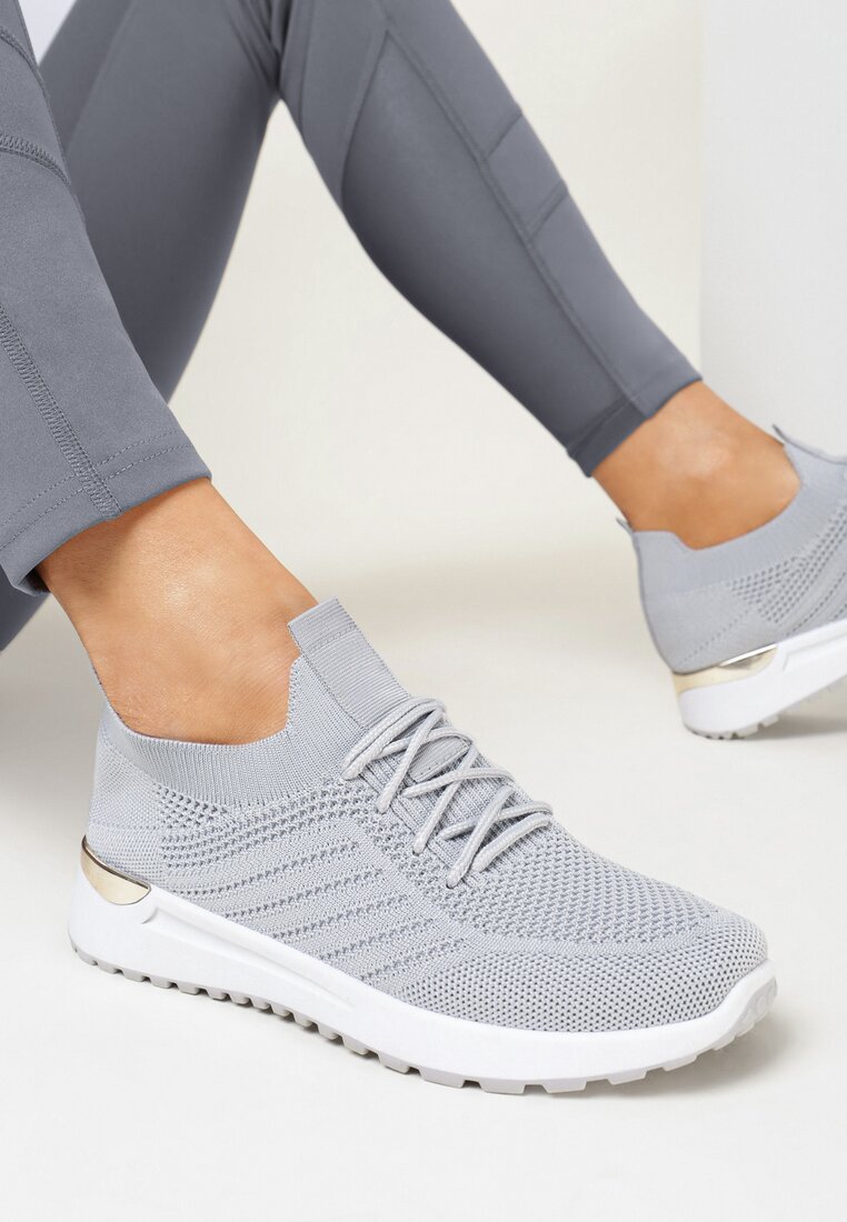 Szare Buty Sportowe z Siateczkową Cholewką z Metaliczną Wstawką Starlette