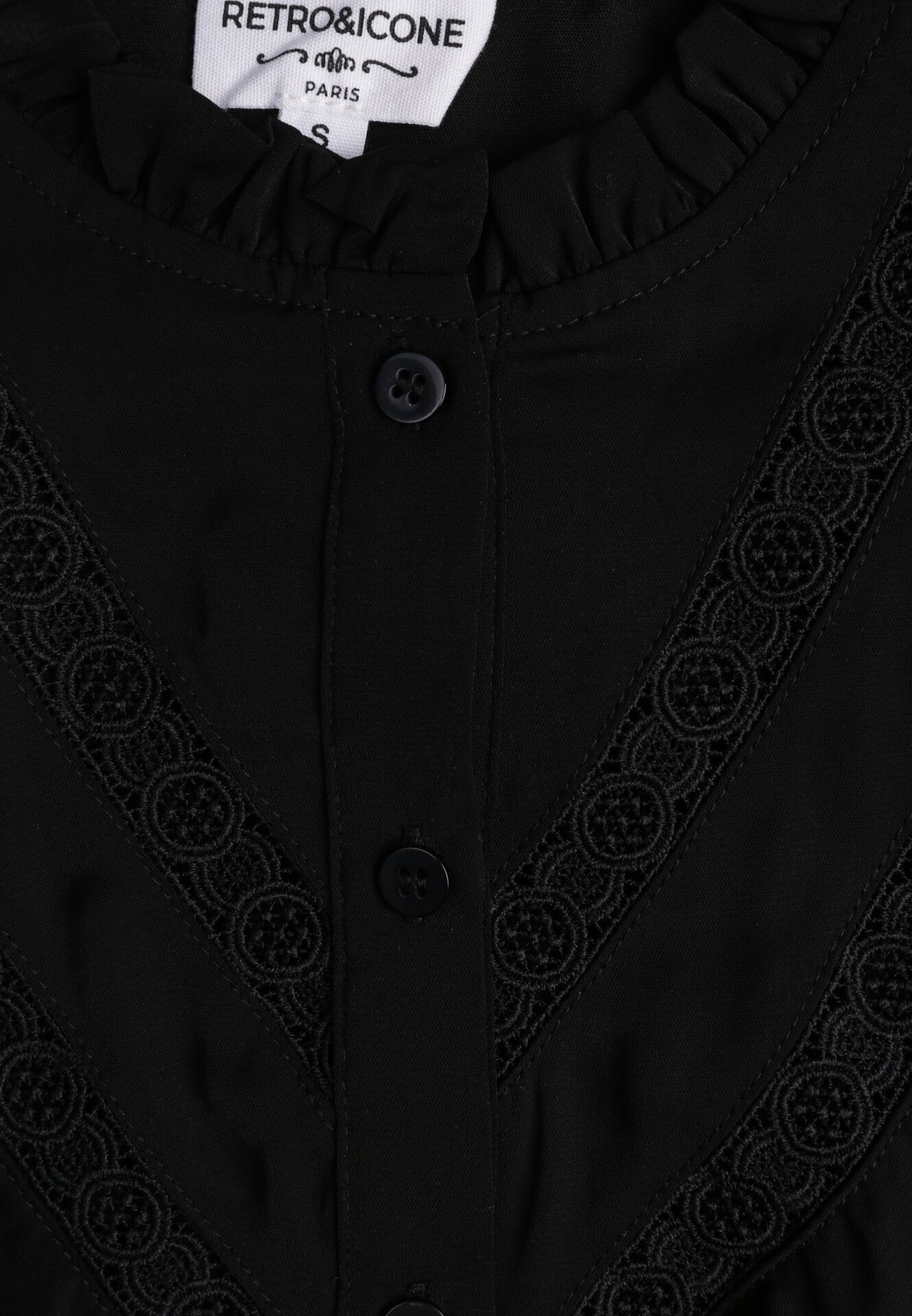 Czarna Koszula z Ozdobnym Kołnierzem z Falbaną Acitani