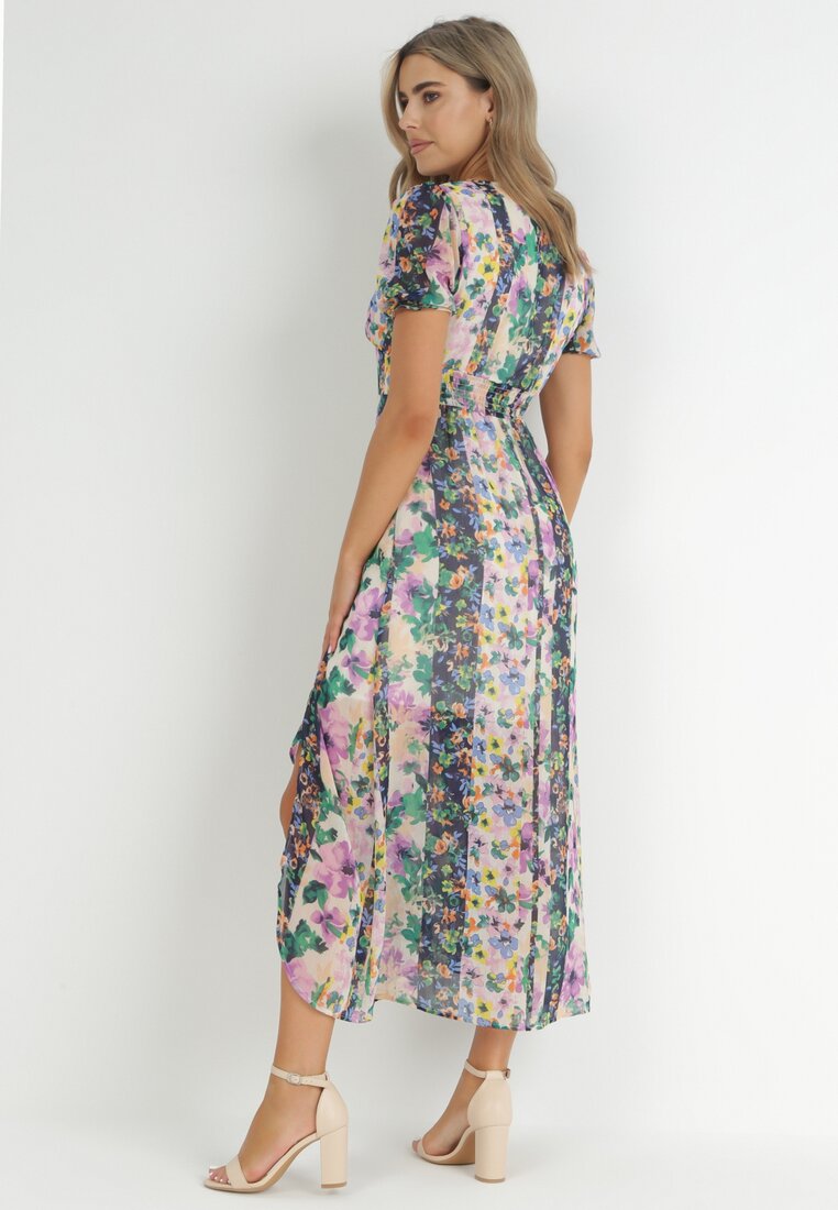 Beżowo-Zielona Sukienka Maxi z Asymetrycznym Dołem w Kwiaty Angla