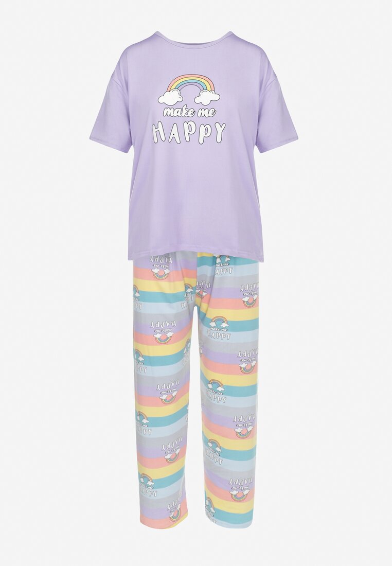 Fioletowy 3-częściowy Komplet Piżamowy z T-shirtem Spodniami i Szortami Nitte