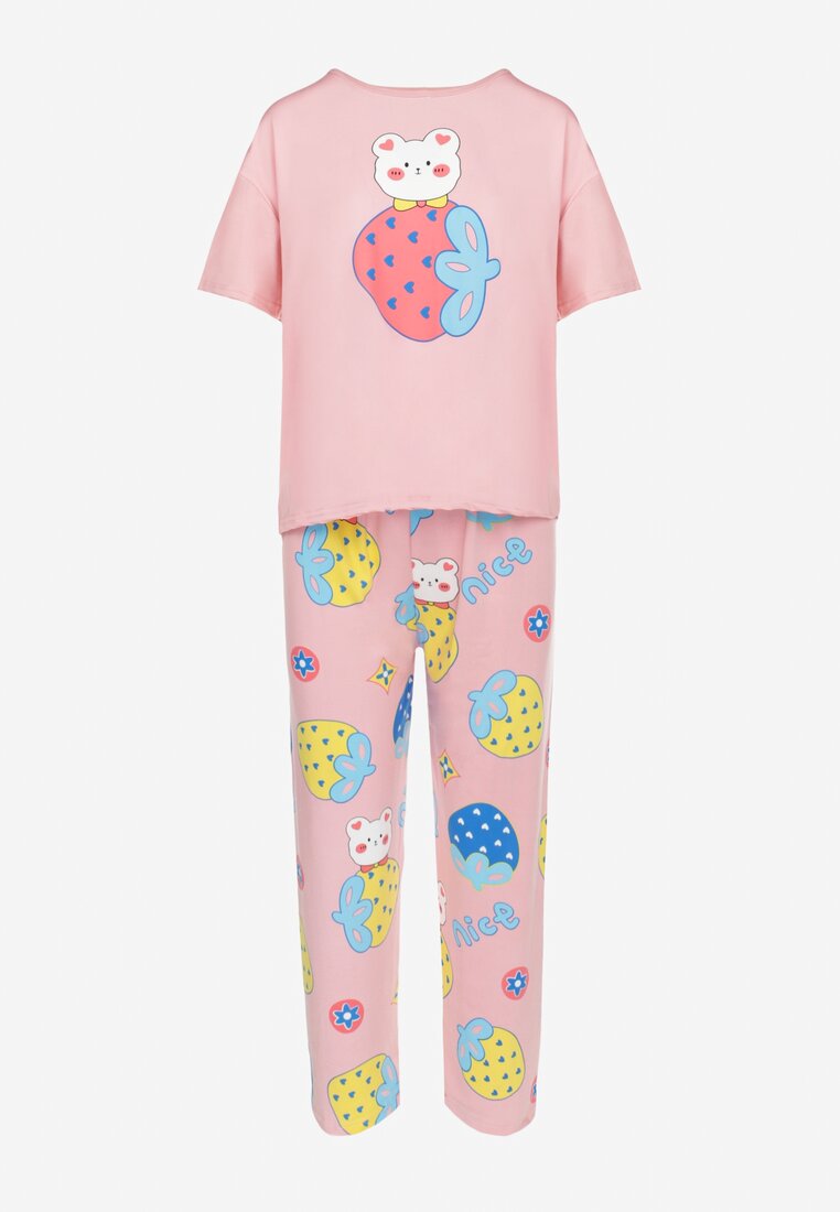 Różowy 3-częściowy Komplet Piżamowy z T-shirtem Spodniami i Szortami Nitte
