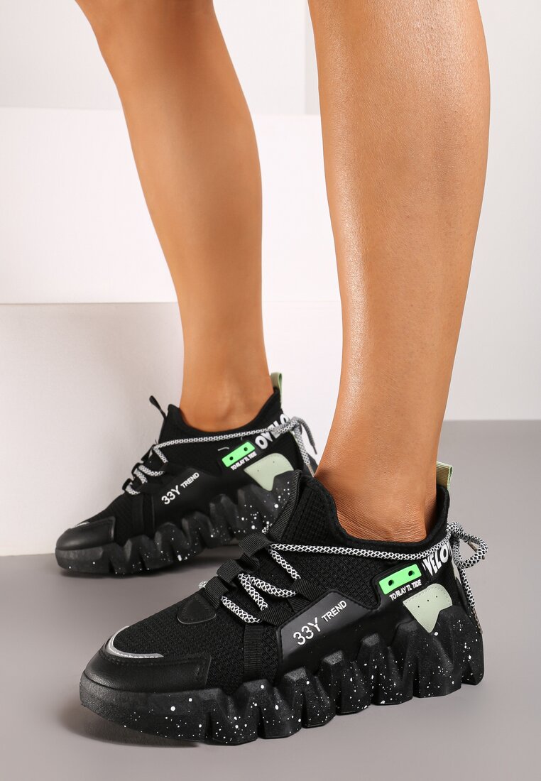 Czarne Sneakersy na Grubej Podeszwie z Siateczkową Cholewką Sarahi