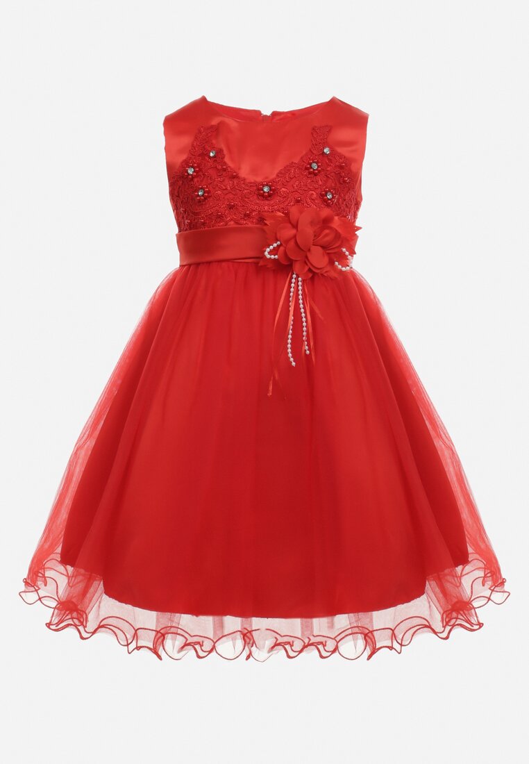 Czerwona Sukienka z Cyrkoniami Kwiatami i Tiulem Deserae