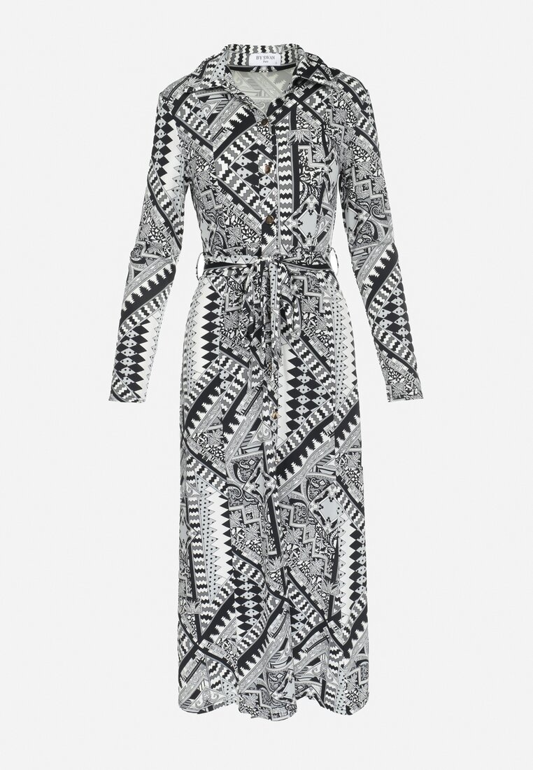 Czarno-Biała Sukienka z Geometrycznym Wzorem i Materiałowym Paskiem Ivanne