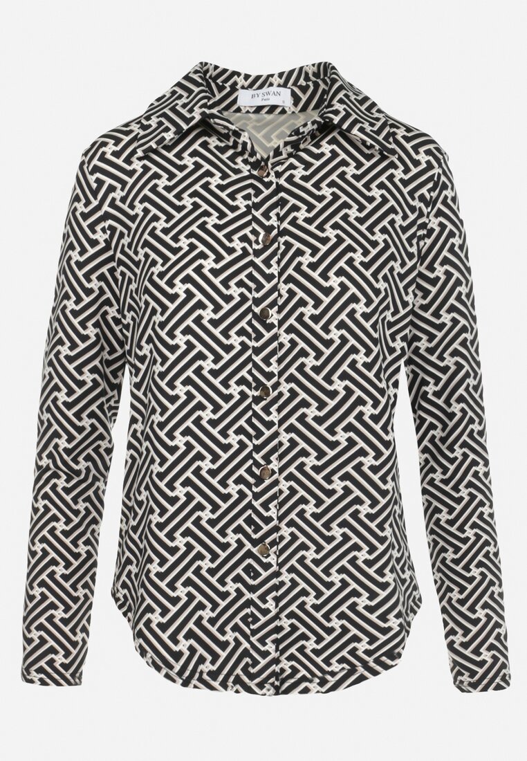 Czarna Koszula z Geometrycznym Wzorem Zapinana na Guziki Leranie