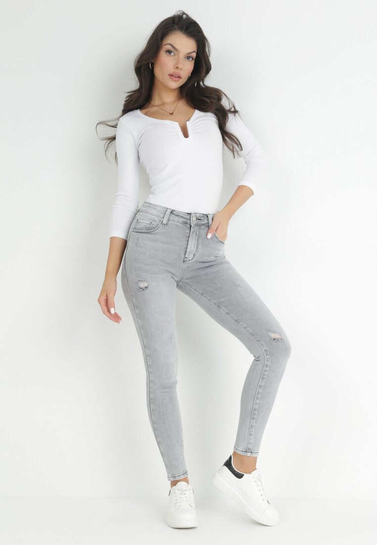 Jasnoszare Jeansy Skinny z Regularnym Stanem Deleah