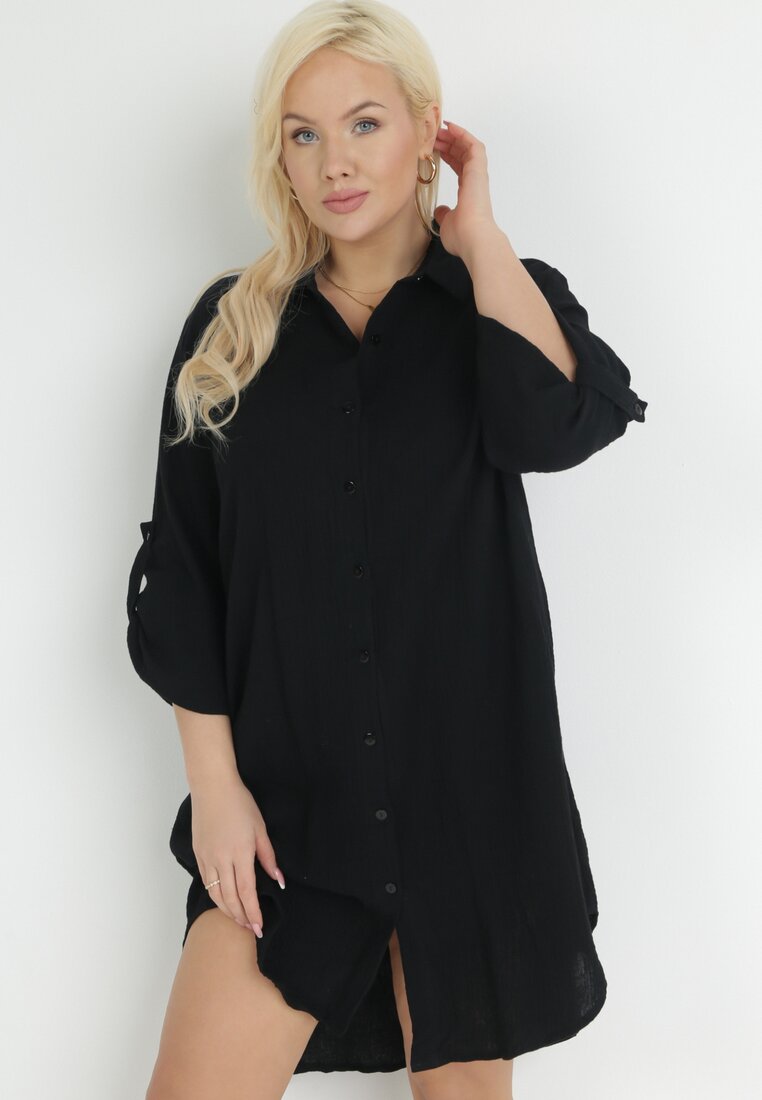 Czarna Koszulowa Sukienka Mini z Bawełny Przedłużona z Tyłu Annica