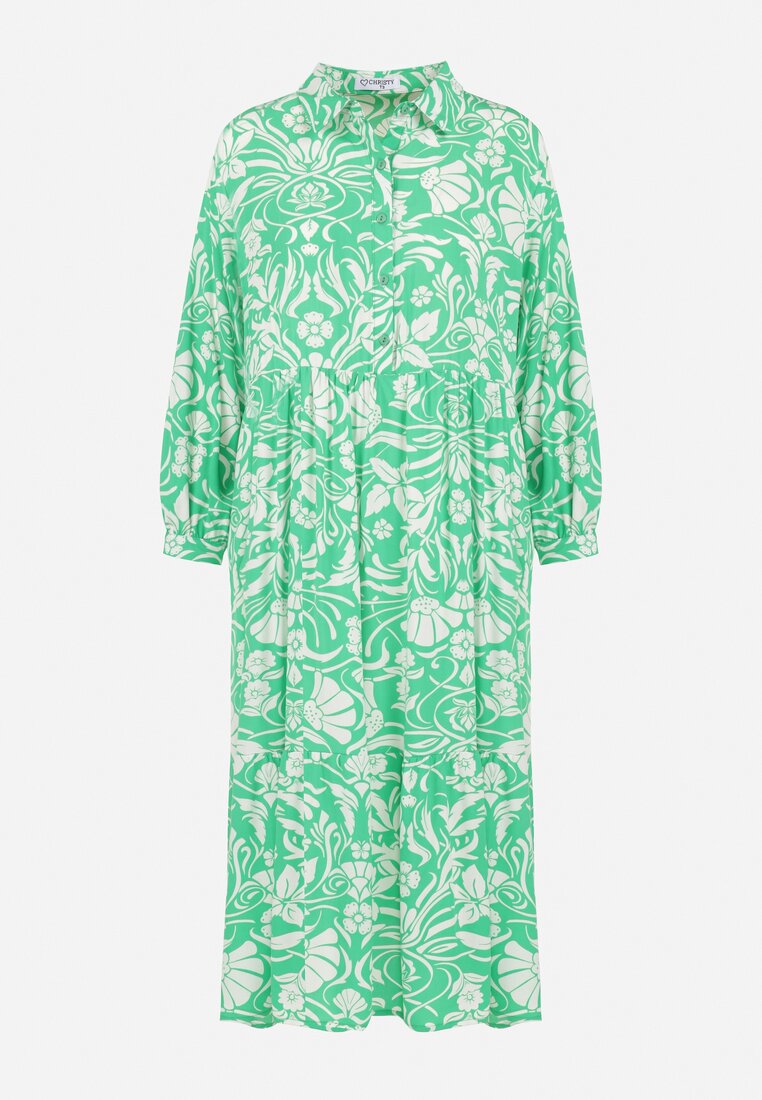 Zielona Rozkloszowana Sukienka z Wiskozy w Kwiaty Areen