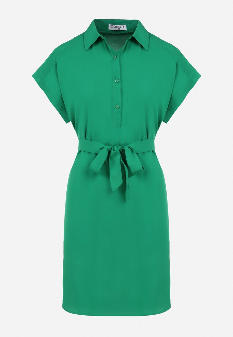 Zielona Koszulowa Sukienka Mini z Wiskozy z Guzikami i Materiałowym Paskiem Delisa