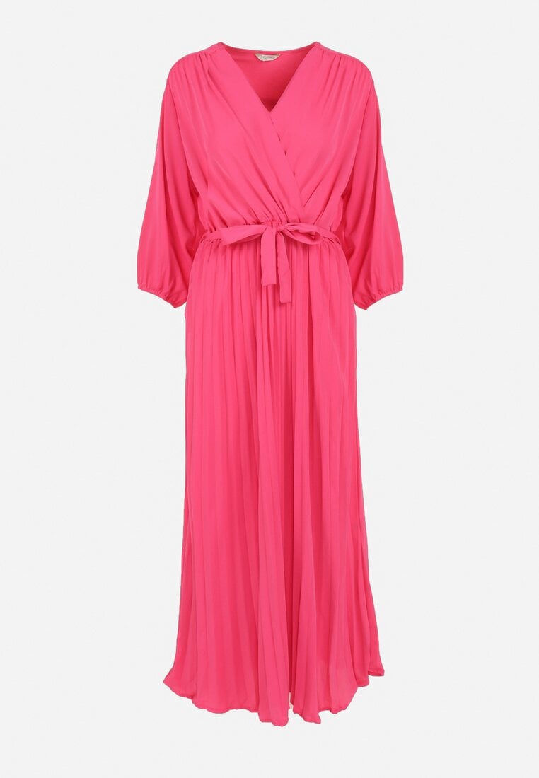 Różowa Plisowana Sukienka Maxi z Kopertowym Dekoltem i Wiązaniem w Talii Lariah