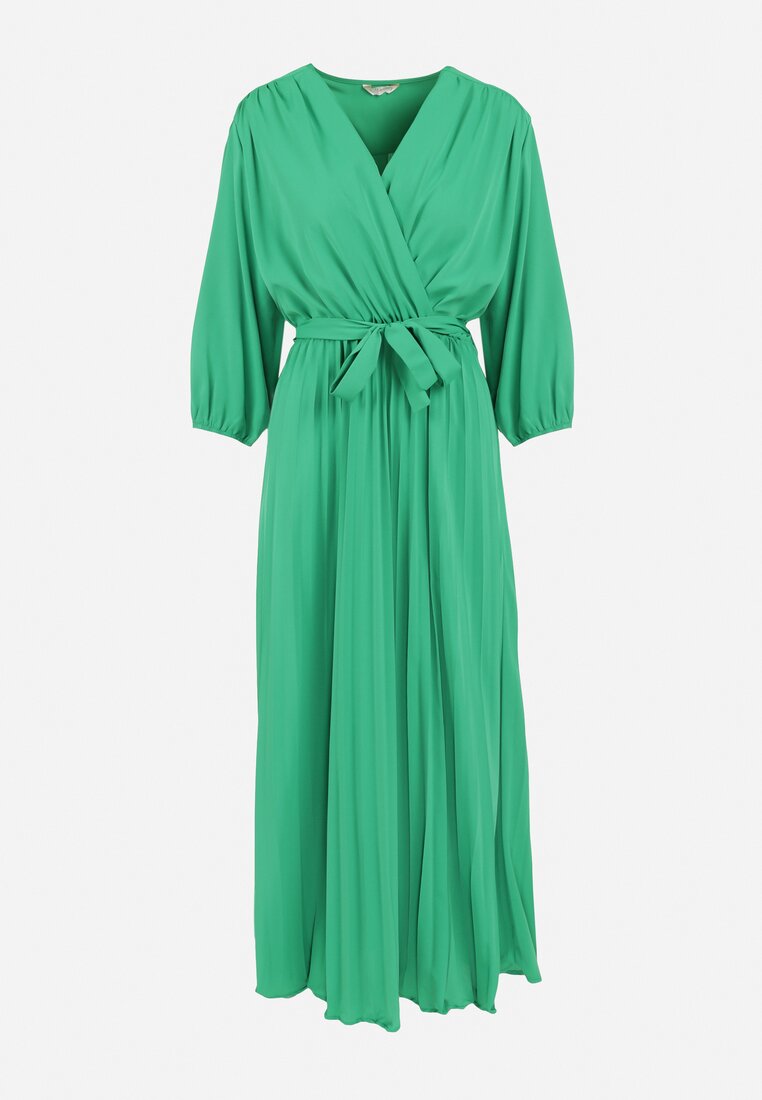 Zielona Plisowana Sukienka Maxi z Kopertowym Dekoltem i Wiązaniem w Talii Lariah