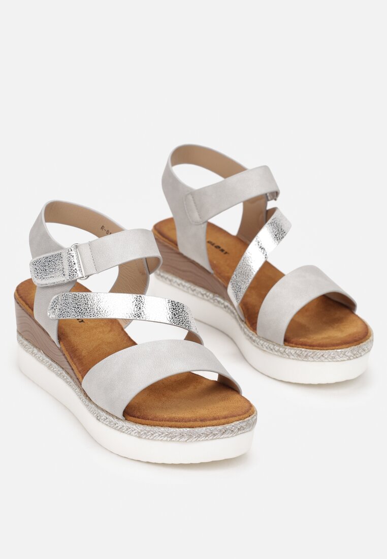 Srebrne Sandały na Koturnie z Plecionką Saphne