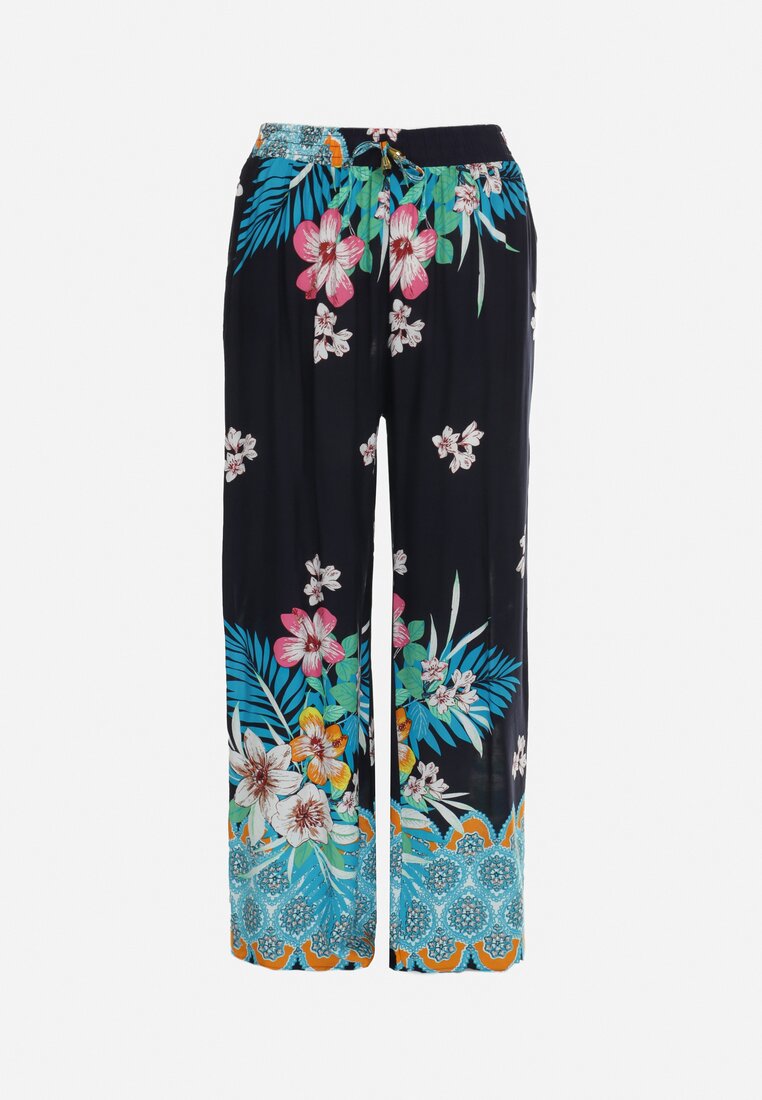 Granatowe Szerokie Spodnie w Kwiaty Fahima