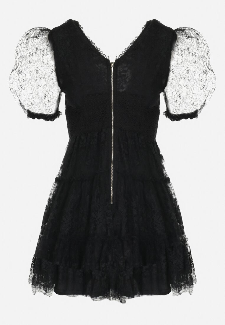 Czarna Sukienka Mini z Krótkim Transparentnym Rękawem i Dekoracyjną Siateczką Cataleah