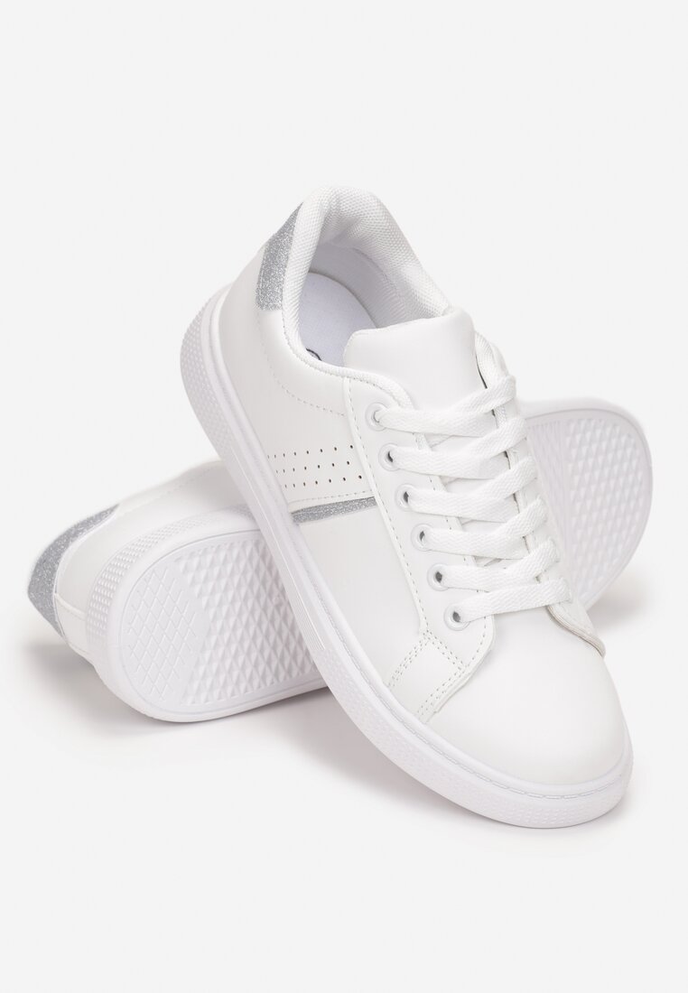 Biało-Srebrne Sneakersy na Płaskiej Podeszwie z Brokatowymi Wstawkami Sassa