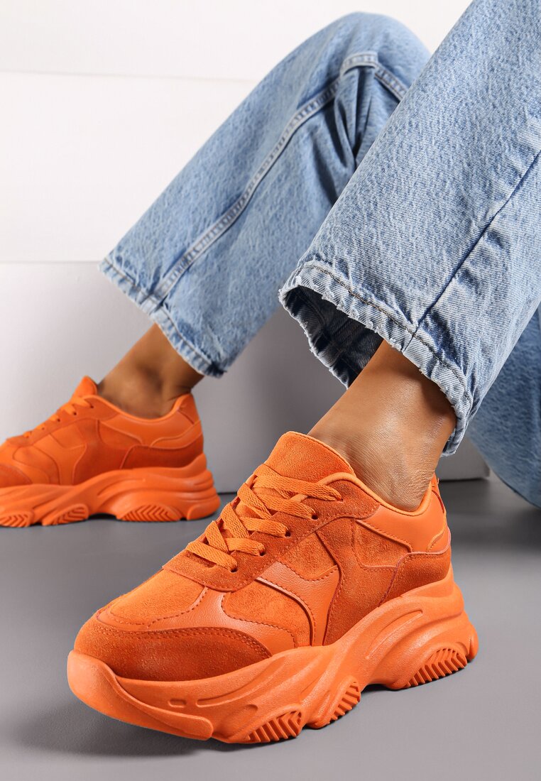 Pomarańczowe Sznurowane Sneakersy na Grubej Podeszwie ze Żłobieniami Dangray