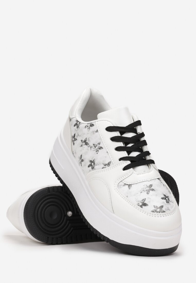 Biało-Czarne Sneakersy na Platformie Zdobione Printem Kwiaty Alilena